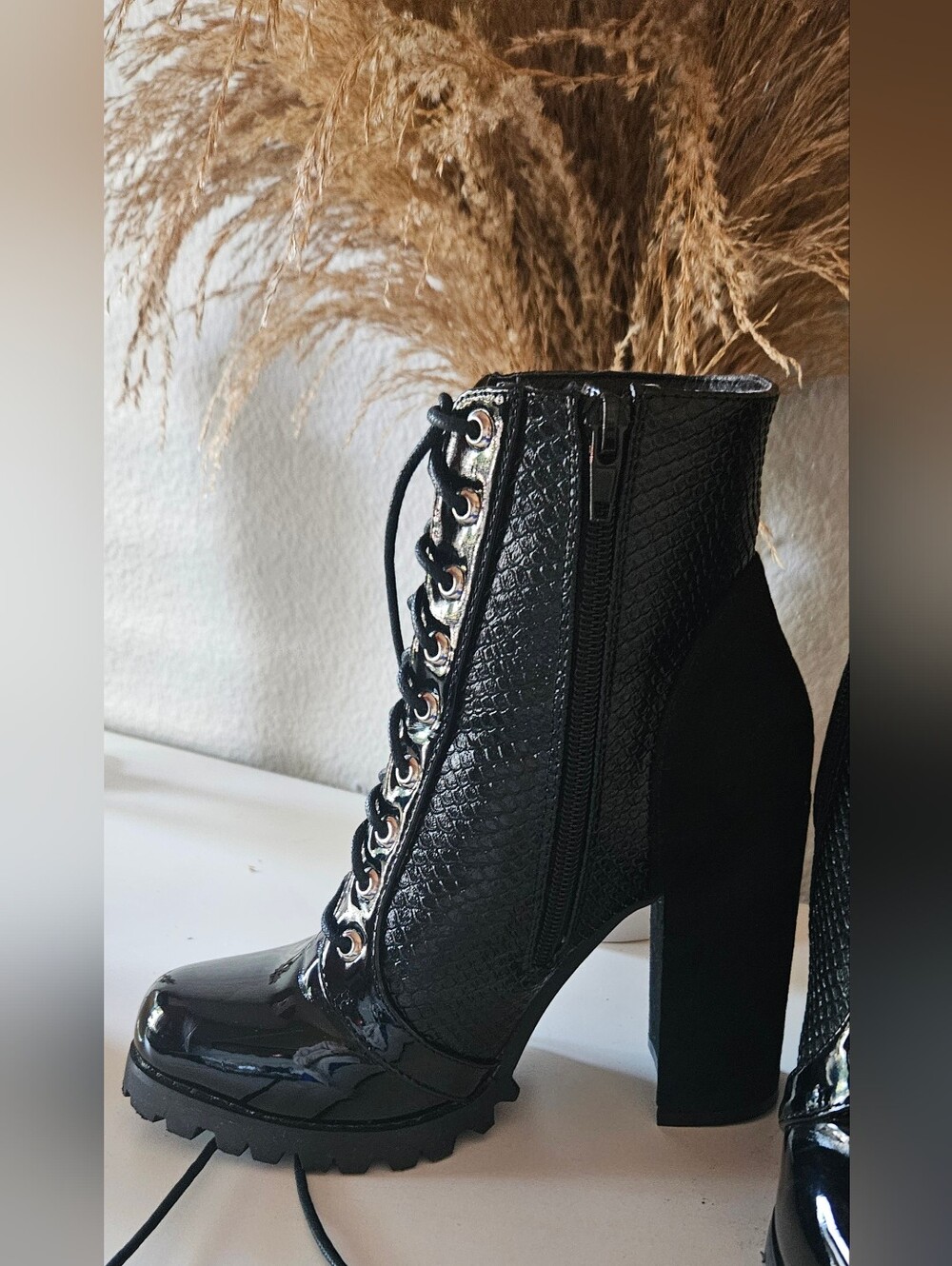 Olivia Fargiano Black Patent & Suede Tie Up Boots - Picture 5 of 10